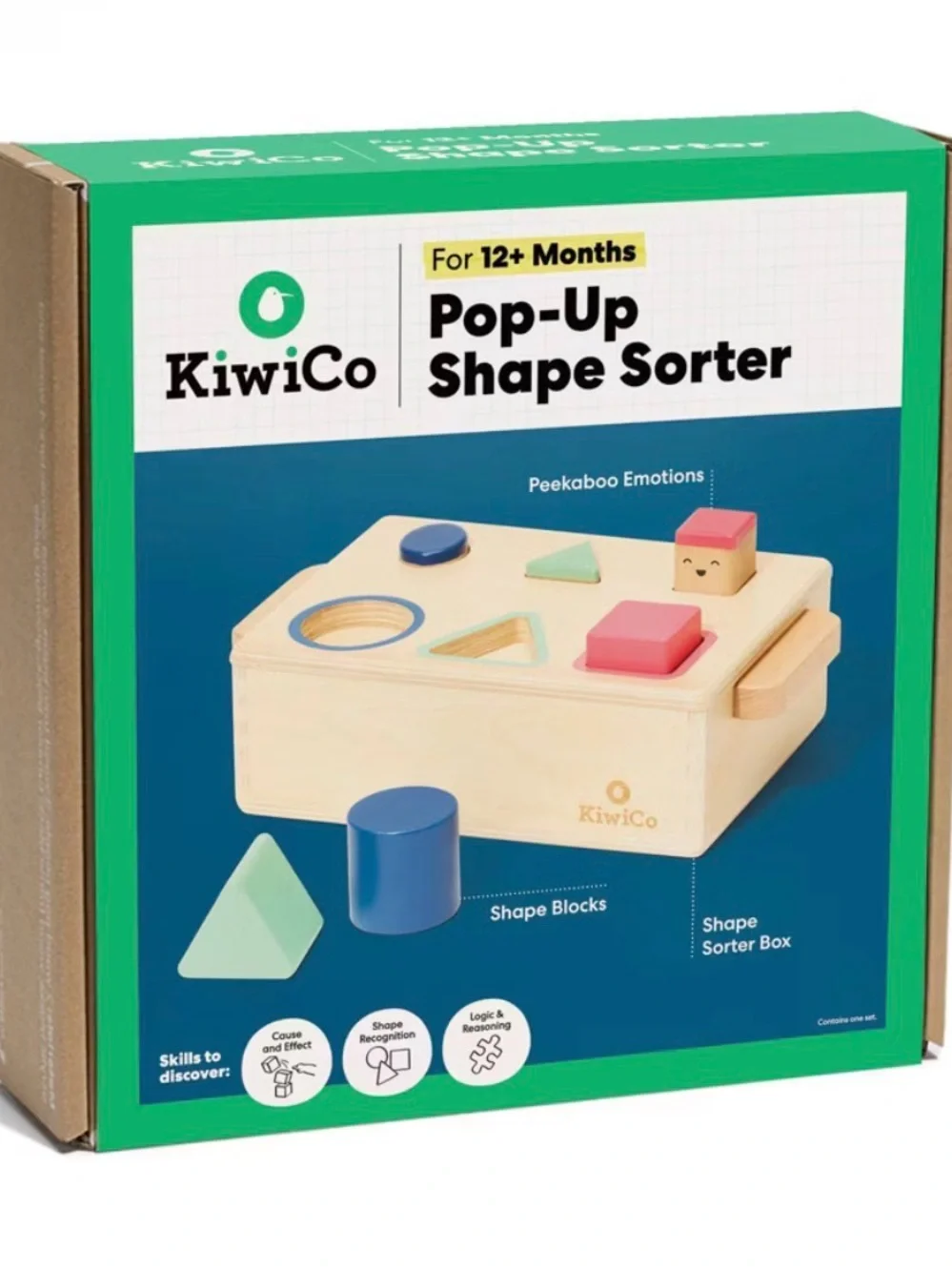 KiwiCo Wooden Pop-Up Shape Sorter Toy - Blue, Green, Pink, Natural